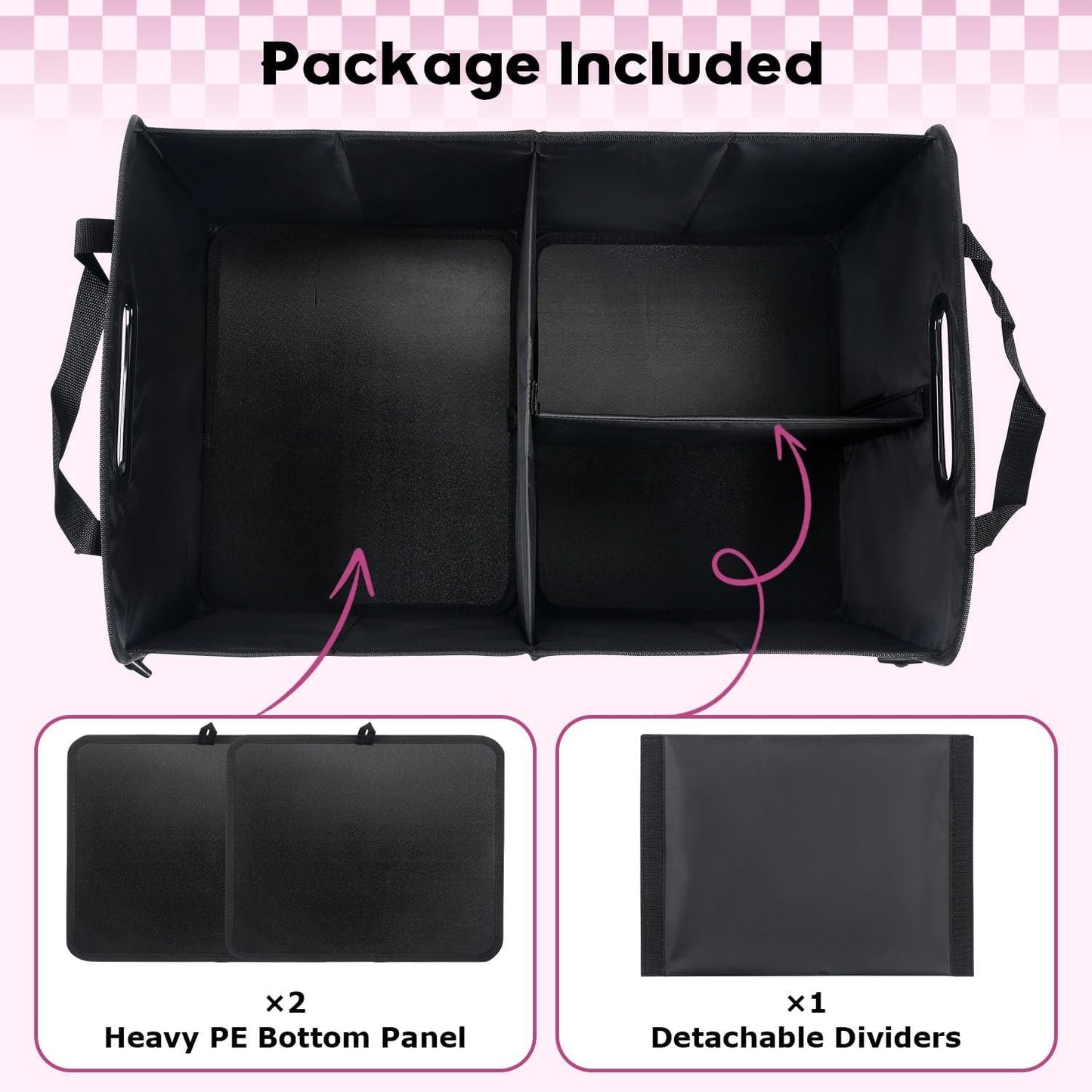 Car Trunk Organizer, 72L Large Capacity Waterproof Auto Storage Organizer with Non-Slip Bottom Strips, Collapsible Cargo Organizer for Suv, Truck, Sedan, Portable Car Accessories for Women Men(Pink)