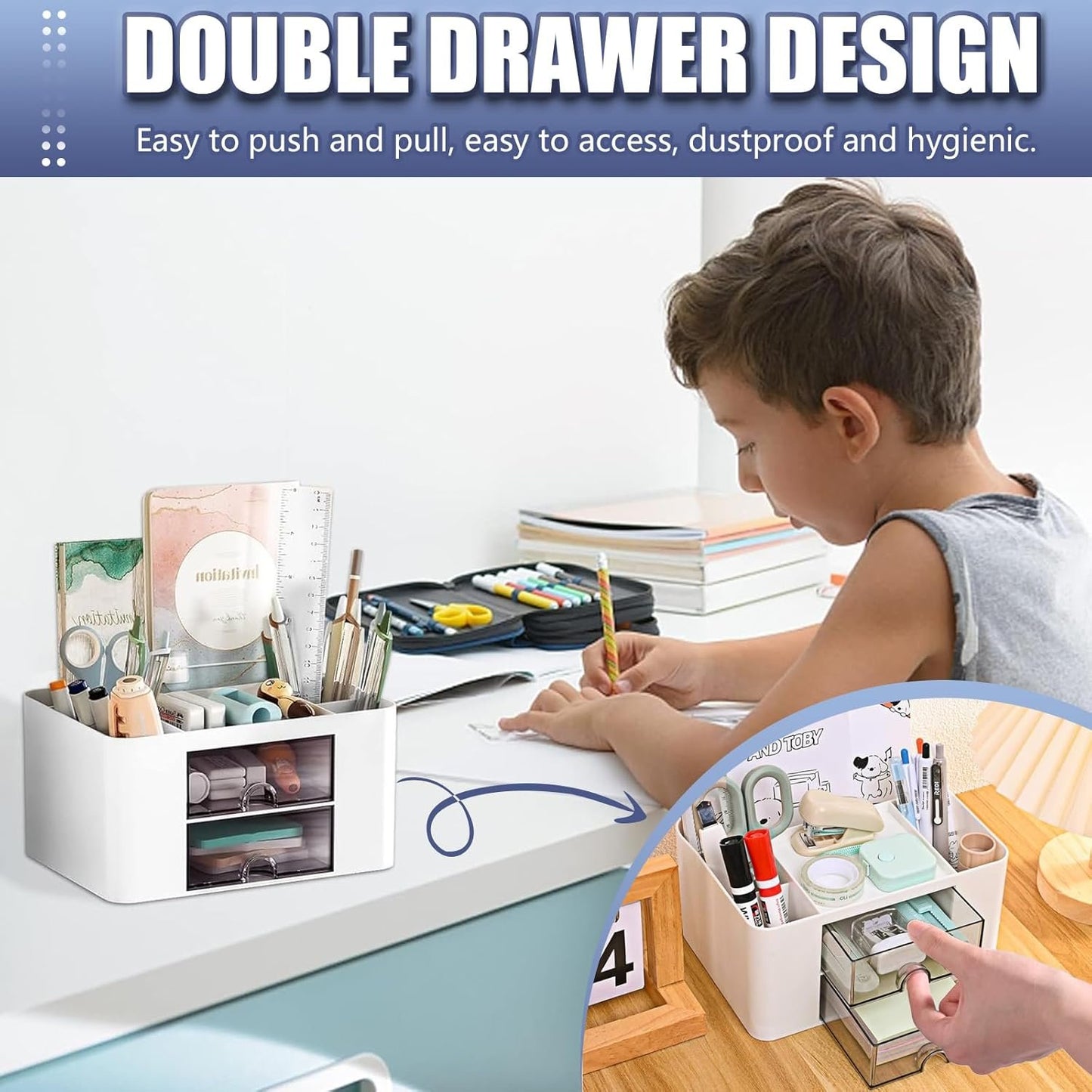 Desk Organizer with 2 Drawers, Plastic Pen Holder for Desktop Storage, Cute Desk Accessories Organizer for School, Home, Office Supplies (White)