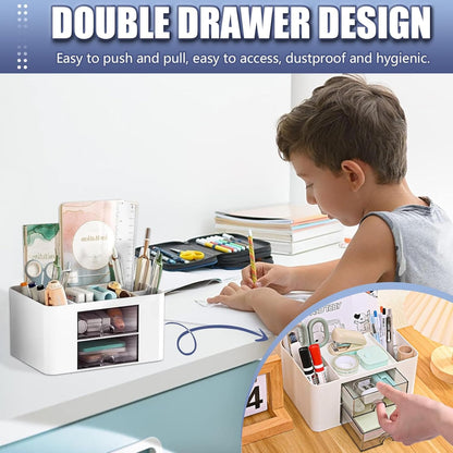 Desk Organizer with 2 Drawers, Plastic Pen Holder for Desktop Storage, Cute Desk Accessories Organizer for School, Home, Office Supplies (White)