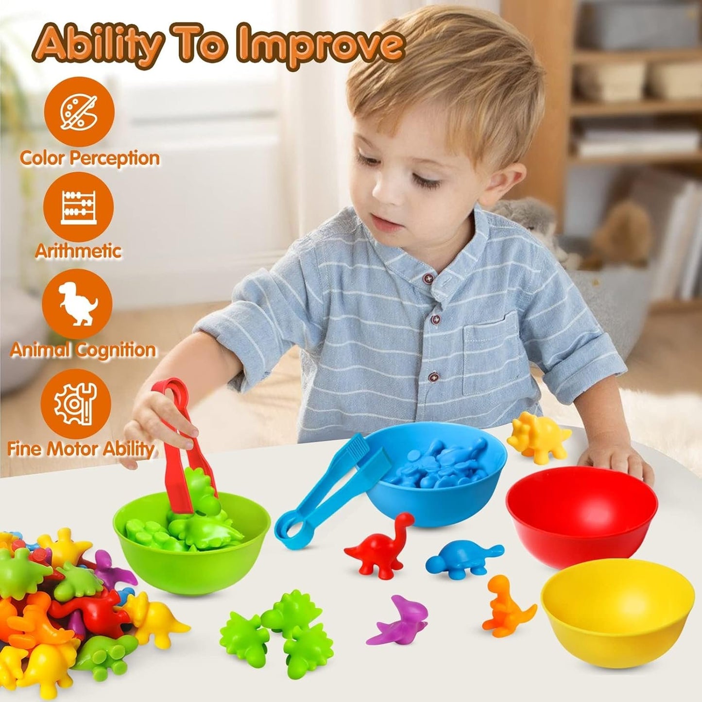 Montessori Toys for 3 Years Old, Counting Dinosaurs Toys for Kids with Sorting Bowls Toddler Learning Ages 3-4 Preschool Early Educational Toys for 3 4 5 Years Old Boys Girls