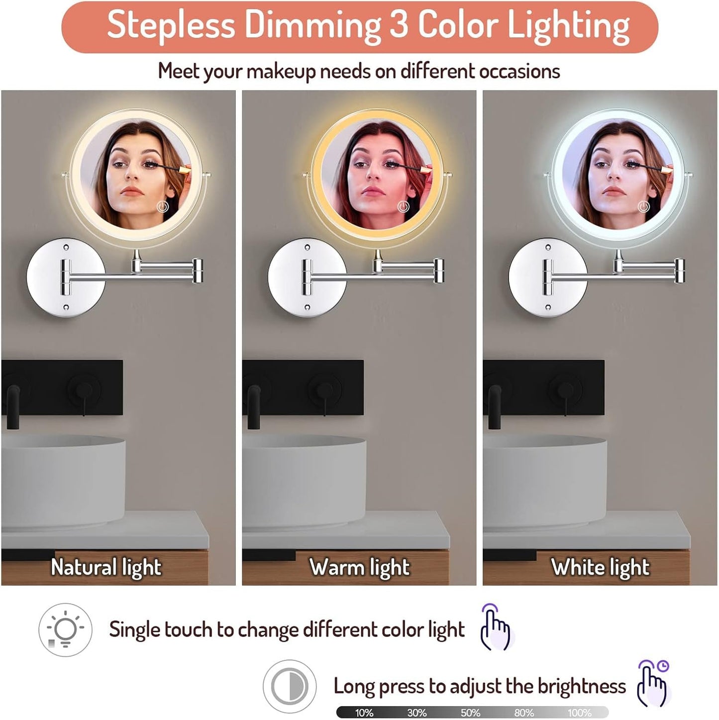 Rechargeable Wall Mounted Makeup Mirror, 8 Inch Double-Sided LED Vanity Mirror 1X/10X Magnification,3 Color Lights Touch Screen Dimmable 13 Inch Bathroom Mirror (Chrome)