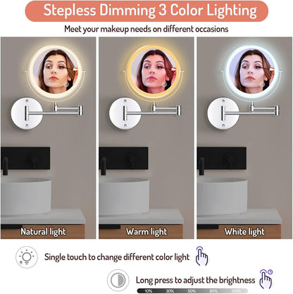 Rechargeable Wall Mounted Makeup Mirror, 8 Inch Double-Sided LED Vanity Mirror 1X/10X Magnification,3 Color Lights Touch Screen Dimmable 13 Inch Bathroom Mirror (Chrome)
