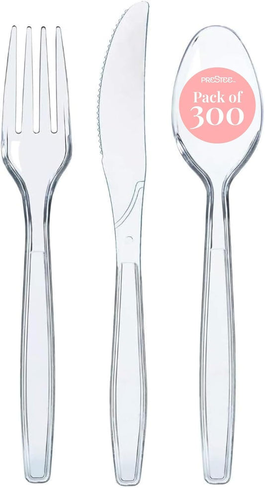 Prestee 300-Piece Clear Plastic Silverware Set - Disposable Heavy Duty Bulk Cutlery and Utensils - Forks, Spoons, Knives (100 Each) - Cutlery Set