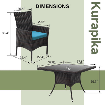Kurapika 5-Piece Patio Furniture Outdoor Dining Set, Wicker Rattan Patio Dining Table and Chairs Set, Square Tempered Glass Tabletop with Umbrella Hole and 4 Chair Set, Blue