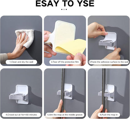 Broom Mop Holder, Multi-Use Gripper, Broom Holder Wall Mount Self Adhesive No Drilling Super Anti-Slip, Durable Mop Grippers for Home, Bathroom, Kitchen, Garden, Garage(2PCS White)