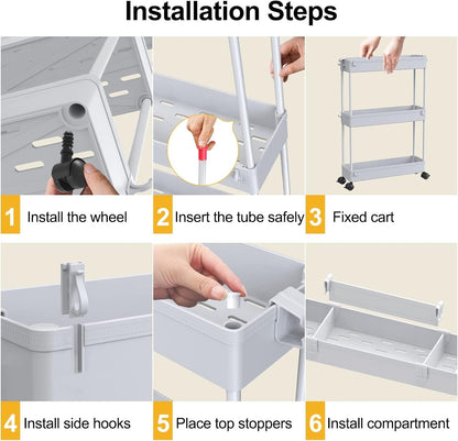 SPACELEAD Slim Storage Cart 4 Tier,Bathroom Storage Organizer Rolling Utility Cart, Mobile Shelving Unit Slide Out Storage Cart for Office, Bathroom, Kitchen, Laundry Room & Narrow Places， Gray