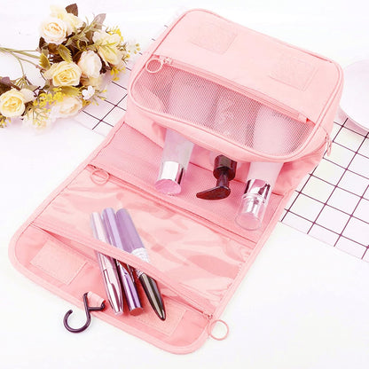 Hanging Toiletry Bag, Travel Wash Bag for Women Portable Folding Cosmetic Organizer Large Capacity Girls Makeup Bag Waterproof Shower Bag with Separate Compartment, Pink