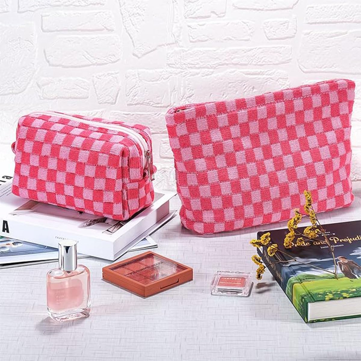 AIMALL 2PCS Checkered Makeup Bag for Purse - Portable Zipper Cosmetic Pouch, Small Travel Case for Accessories, 9.84in & 6.7in