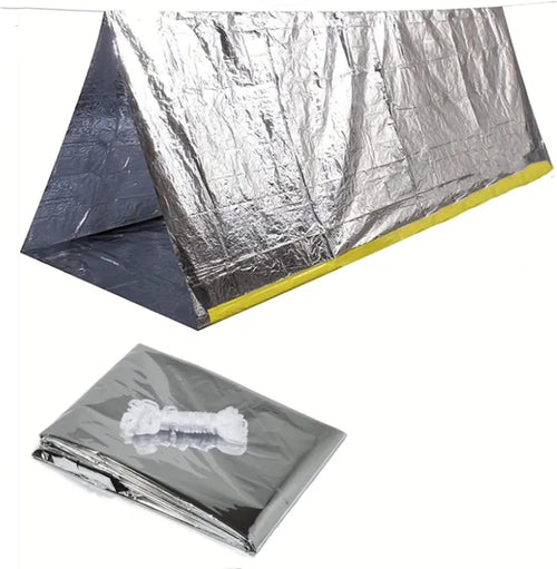 JUBSOSCAMP 1 Piece Survival Shelter, Polyester Film Emergency Tent Survival Kit with String Bundle Pocket Whistle for Hiking, Car Camping（Silver）