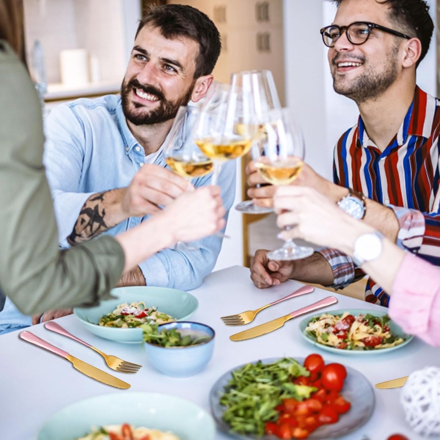 24 Piece Flatware Set, Stainless Steel Cutlery Set with Silverware Holder, Spoons, Forks, and Knives, Utensil Set Service for 6, Gold Mirror Polished and Matte Pink Painted (Pink)