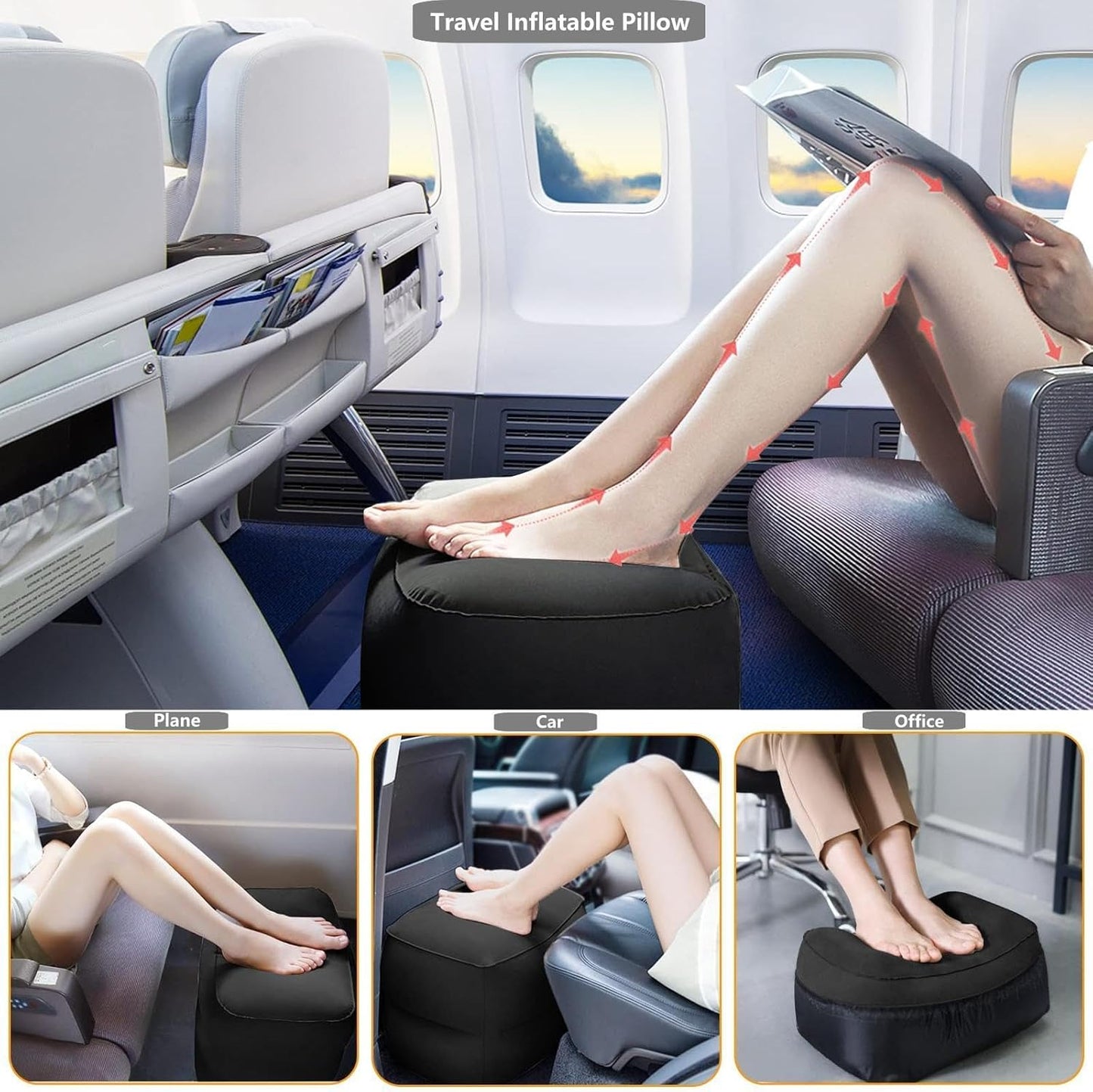 PEACESUN Inflatable Travel Foot Rest Pillow, Airplane Travel Pillow, Adjustable 3 Layers Height Leg Rest Pillow, Airplane Travel Essentials Great for Airplane, Office, Home, Trains, Cars (Black)