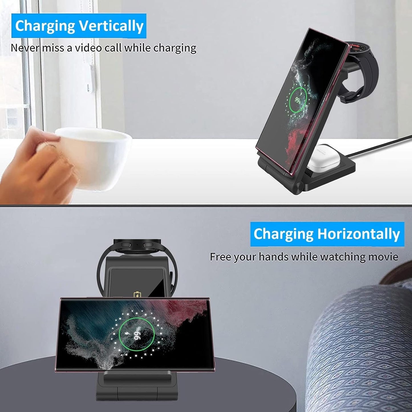 3 in 1 Wireless Charger Stand FDGAO Foldable 15W Fast Wireless Charging Station with Adapter for Samsung Galaxy S25 S24 S23 S22 S21 S20 Ultra S10 S9,Note20,Galaxy Watch 7/6/5 Pro/4/3,Galaxy Buds2 Pro