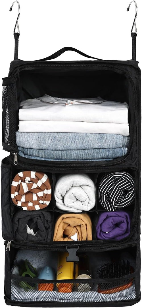 Surblue Hanging Shelves Travel Storage Bag Compression Packing Cube for Suitcase Portable Closet Organizer Collapsible with Extension Layer Large Capacity,Black,XL