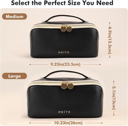 Prite Makeup Bag for Women Travel Waterproof Vegan Leather Cosmetic Bag Open Flat Toiletry Bag with Clear Divider and Handle (Large Black)
