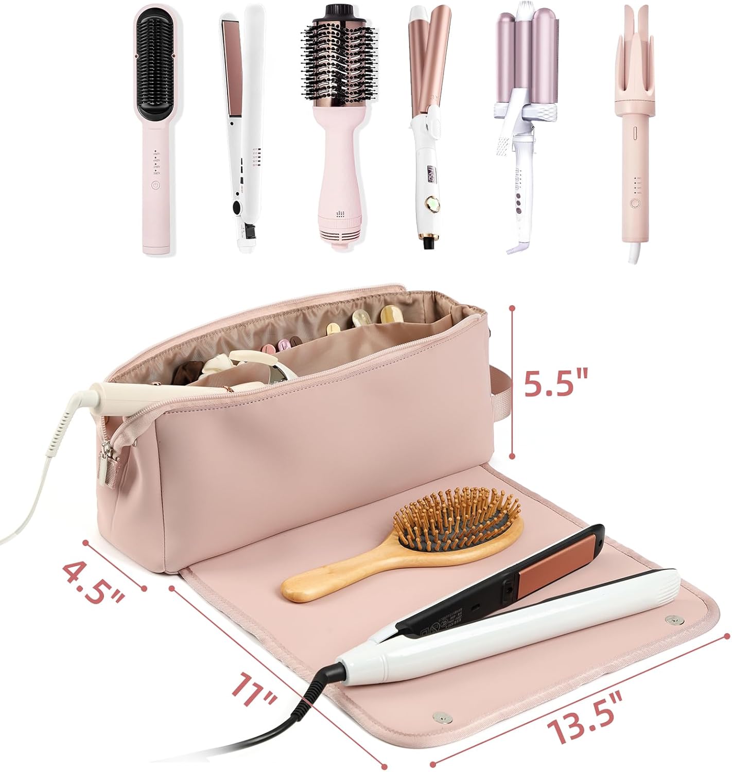 FINDCOZY Hair Tools Travel Bag, Haircare Accessory Organizer with Heat Resistant Mat for Curling Iron, Straighteners and ‌Styling Appliance, Pink