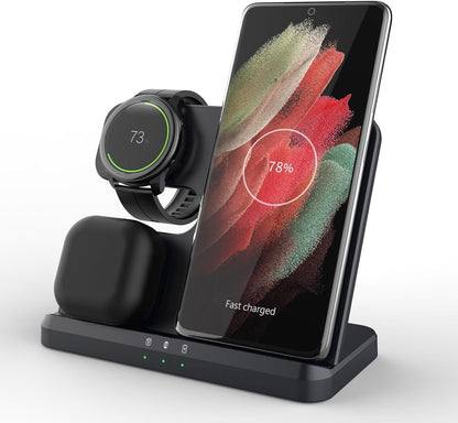 FDGAO 3 in 1 Wireless Charger, 15W Fast Wireless Charging Station Stand for Samsung Galaxy S24/S23/S22/S21/S20/S10,Note 20/10, Galaxy Buds Pro/Live, Galaxy Watch7/6/5 Pro/5/4/3/Active 2, Black
