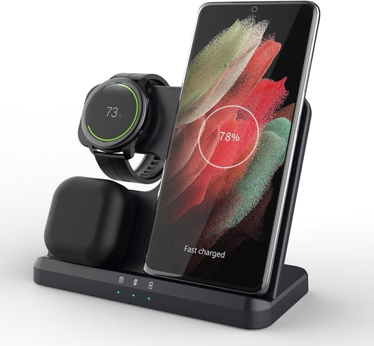 FDGAO 3 in 1 Wireless Charger, 15W Fast Wireless Charging Station Stand for Samsung Galaxy S24/S23/S22/S21/S20/S10,Note 20/10, Galaxy Buds Pro/Live, Galaxy Watch7/6/5 Pro/5/4/3/Active 2, Black