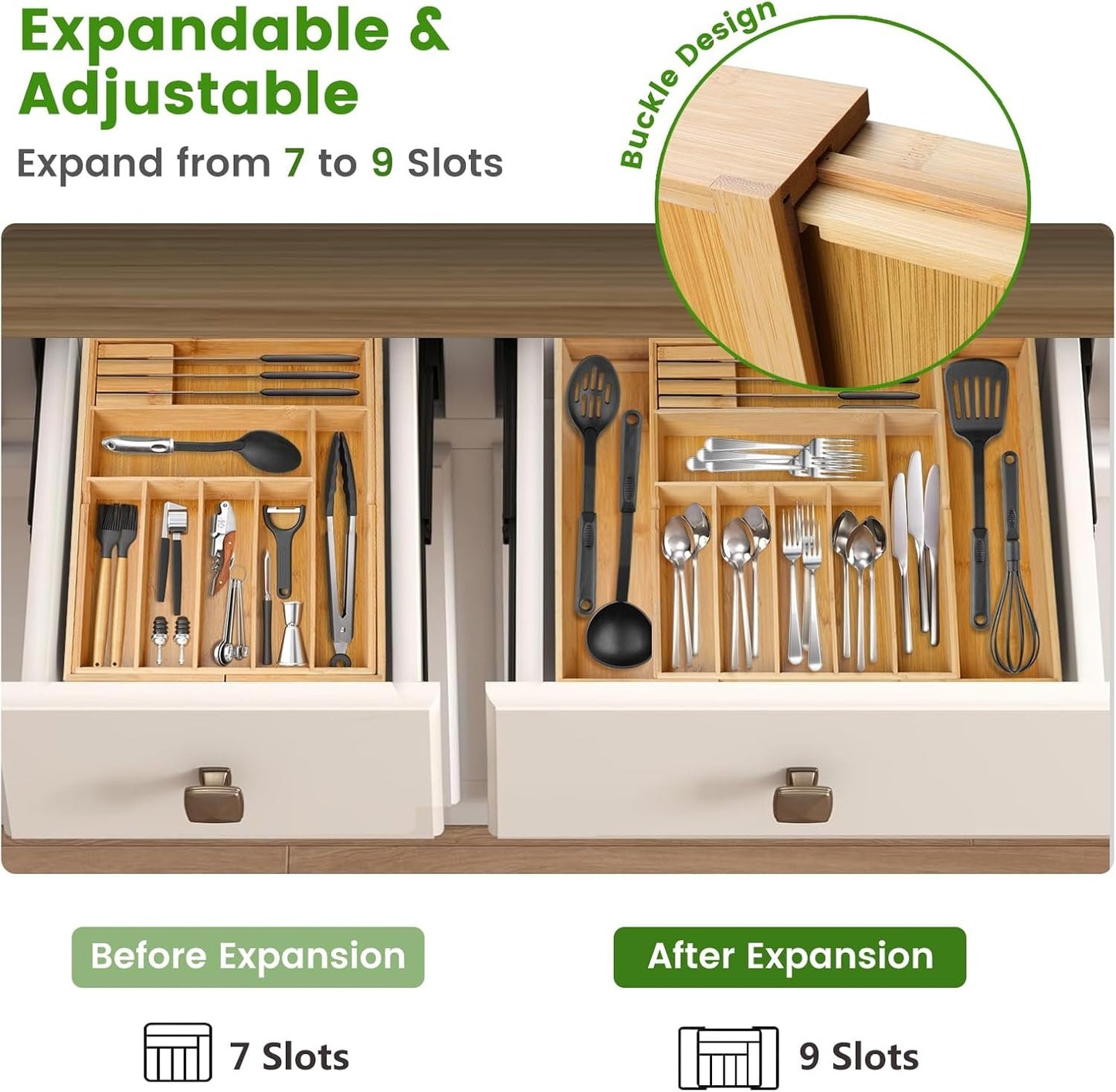 Expandable Cutlery Organizer, 7-9 Slot Bamboo Utensil Drawer Organizer with 2 Removable Knife Blocks, Adjustable Wooden Cutlery Tray Holder Kitchen Drawer Organizer for Silverware, Flatware