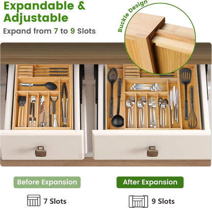 Expandable Cutlery Organizer, 7-9 Slot Bamboo Utensil Drawer Organizer with 2 Removable Knife Blocks, Adjustable Wooden Cutlery Tray Holder Kitchen Drawer Organizer for Silverware, Flatware