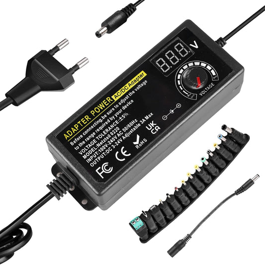 3V-24V 3A 72W Universal Adjustable Power Supply with LED Voltage Indicator and 14 Tips Adjustable Power Adapter for Home Electronics DC Motor 3000mA