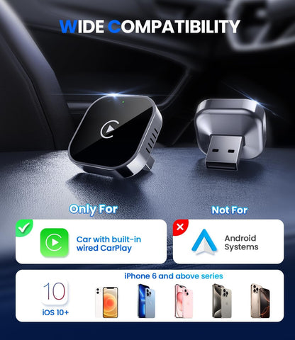 Teeran Wireless CarPlay Adapter 2025 Upgrade Wired CarPlay to Wireless, Mini USB Design for Cars with Built-in Wired Apple CarPlay Seamless Use Fast Stable Connection Car Play Dongle for iPhone
