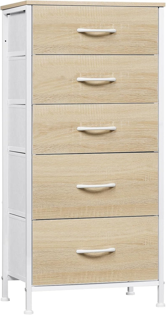 WOLTU Fabric Bedroom Chest of Drawers 5 Drawer Chest of Drawers for Hallway Bedroom Living Room Vintage Style Metal MDF Frame SSK004whe