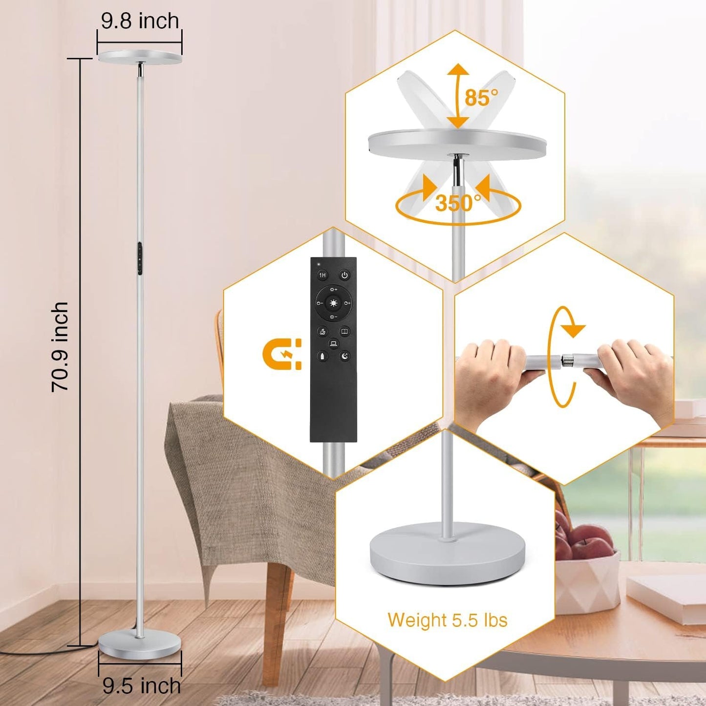 OUTON Floor Lamp Modern, LED Torchiere Lamp 30W 3000LM, Tall Standing Lamp with 4 Color Temperatures, Stepless Dimmable, Remote and Touch Control, 1 Hour Timer for Living Room Bedroom, Silver Grey