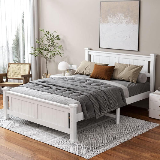 ALFORDSON Bed Frame Queen Wooden Bed Base with Solid Wood Pine Timber Slats, Mattress Base Platform Support, White Bed Foundation with Storage Space, Arne Series Home Bedroom Furniture