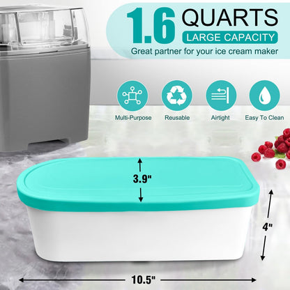 Walfos Ice Cream Containers - 1.6 Quart, Reusable Homemade Ice Cream Tubs with Lids, Stackable Freezer Storage Container for Yogurt, Sorbet, Gelato, Bonus 2 Bands, 12 Stickers, Teal