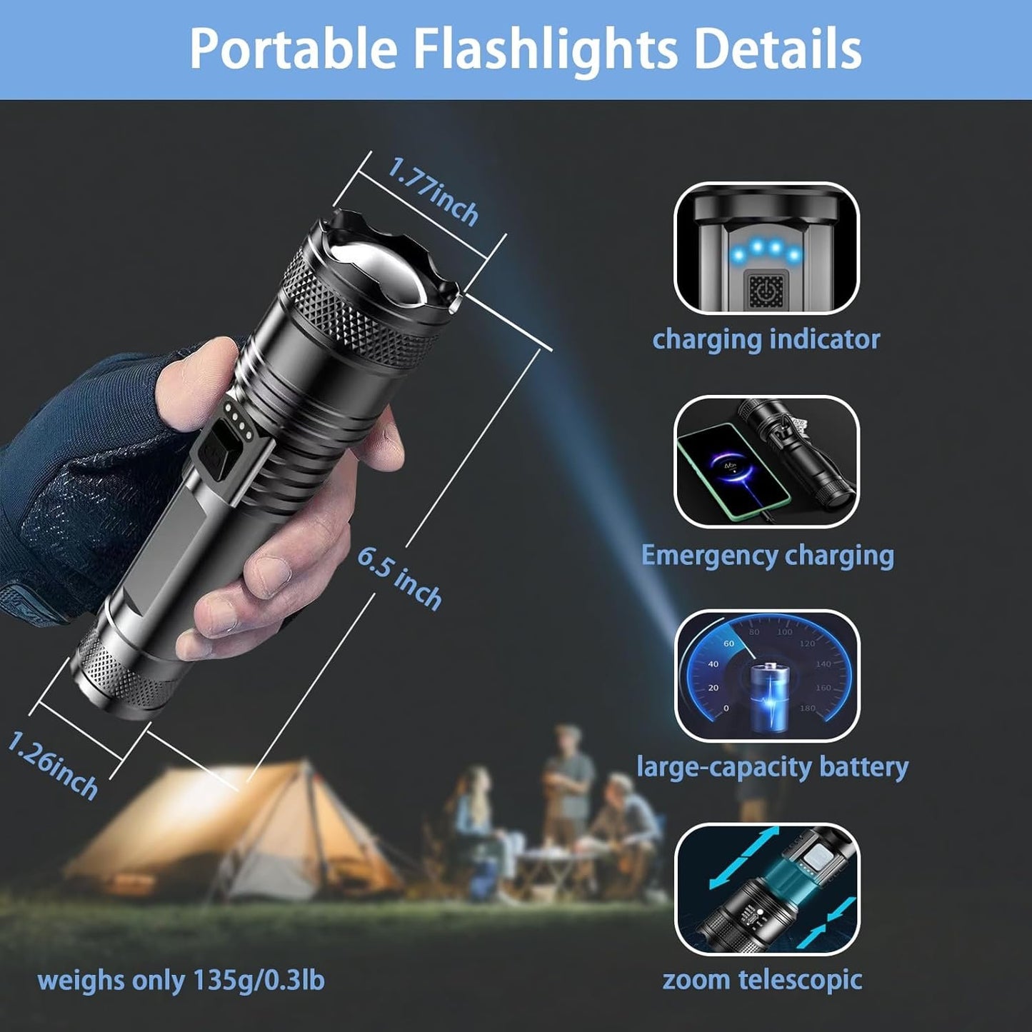 Rechargeable Flashlights 10000 High Lumens Super Bright Led Tactical Flashlight Battery Powered Handheld Flashlights, Waterproof, Zoomable, Long Range, Long Lasting, for Home Camping Emergency