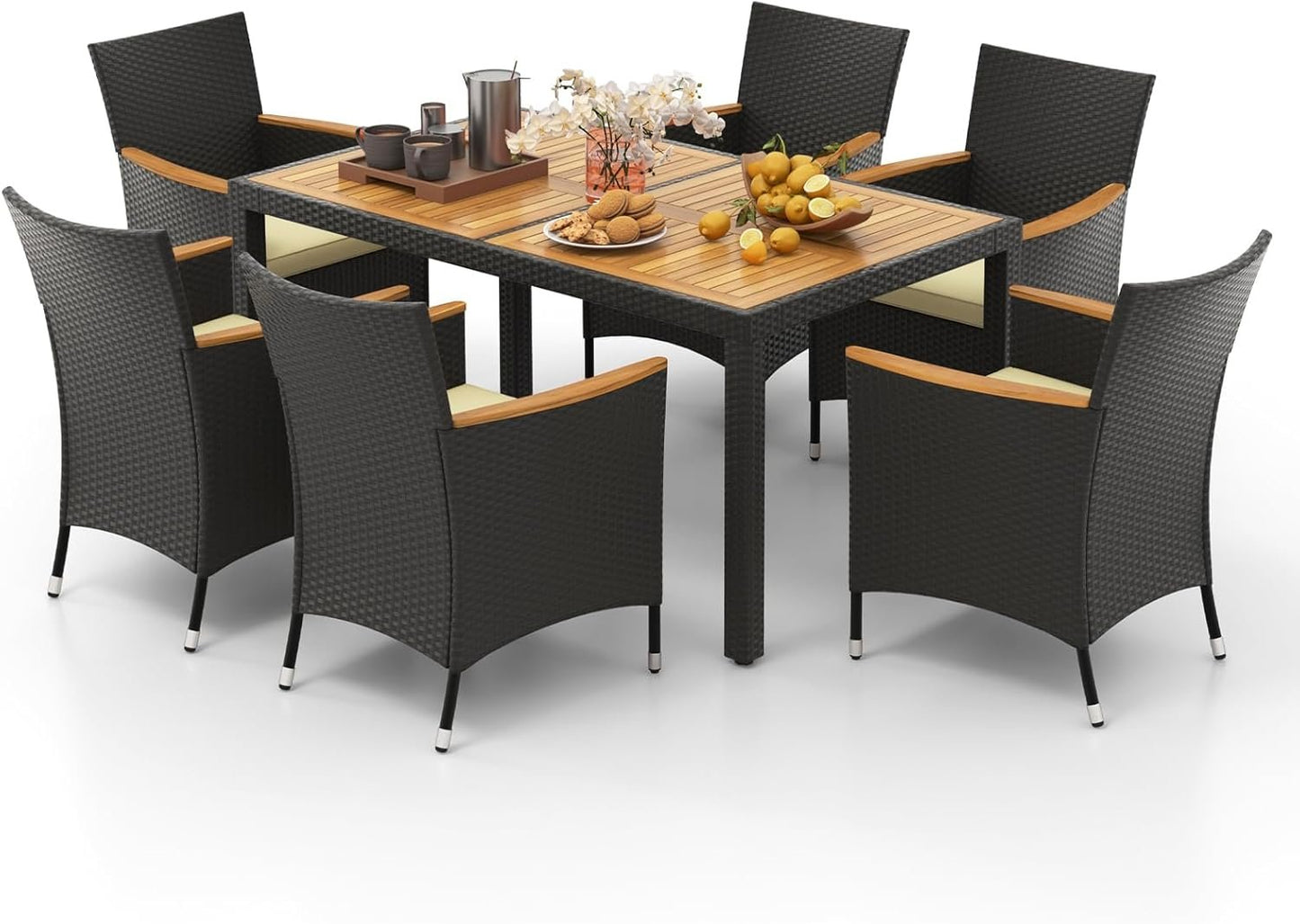 ORALNER 7 Pieces Outdoor Dining Set, Wicker Dining Table and Chairs Set with Acacia Wood Table Top, Seat Cushions, Rattan Patio Dining Table Set for 6, Garden Yard Poolside Deck, Brown