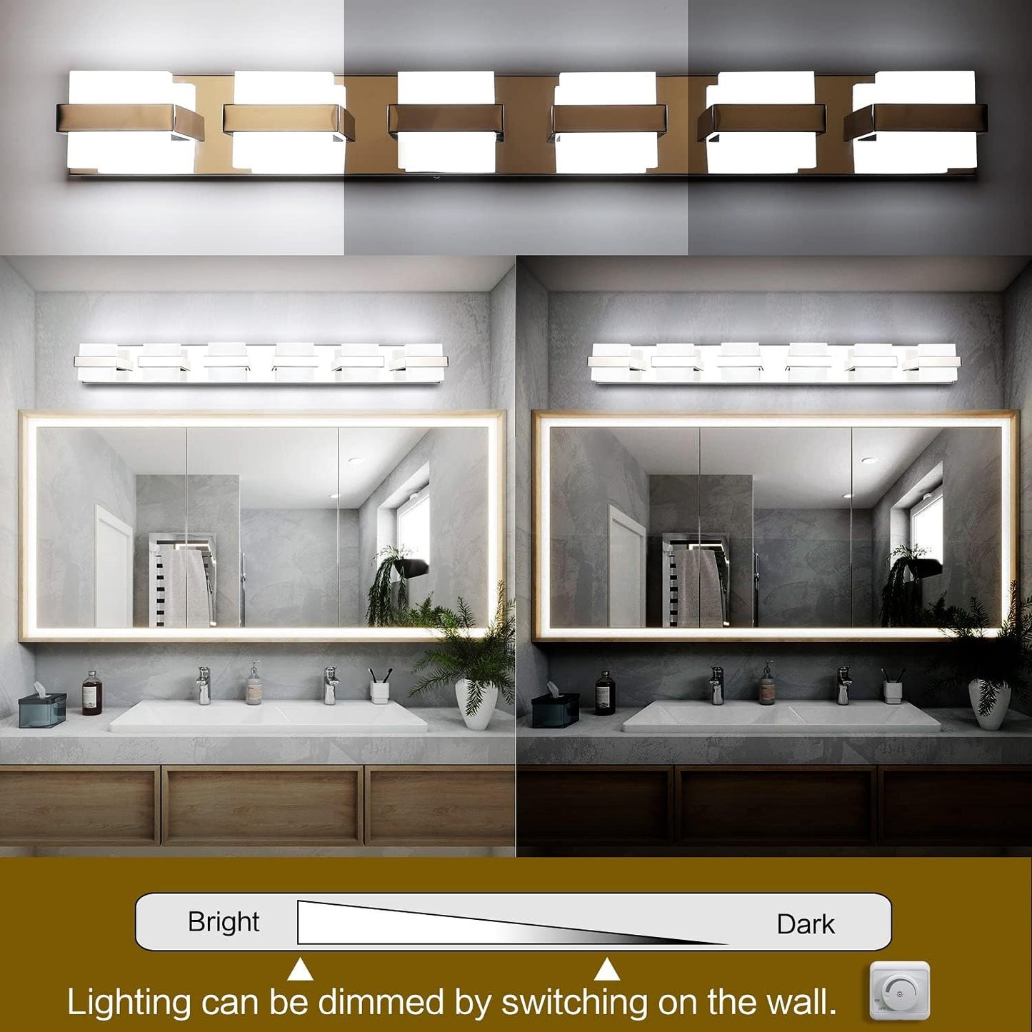 SOLFART 6 Lights Chrome Bathroom Light Fixtures Modern LED Bathroom Light Bathroom Vanity Lights Over Mirror 41 inch White Light Dimmable