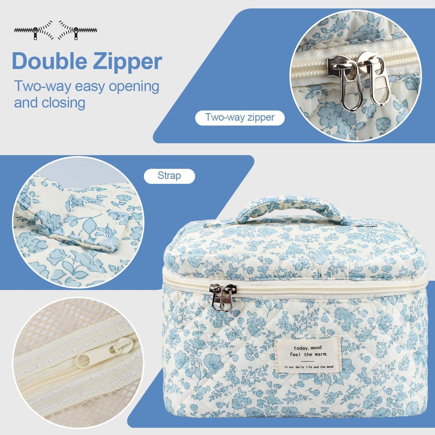 Travel Quilted Cotton Makeup Bag,Large Makeup Bag, H HOME-MART Large Floral Cosmetic Bag for Women Girls, Floral Coquette Aesthetic Toiletry Bag, Flower Travel Toiletry Accessories