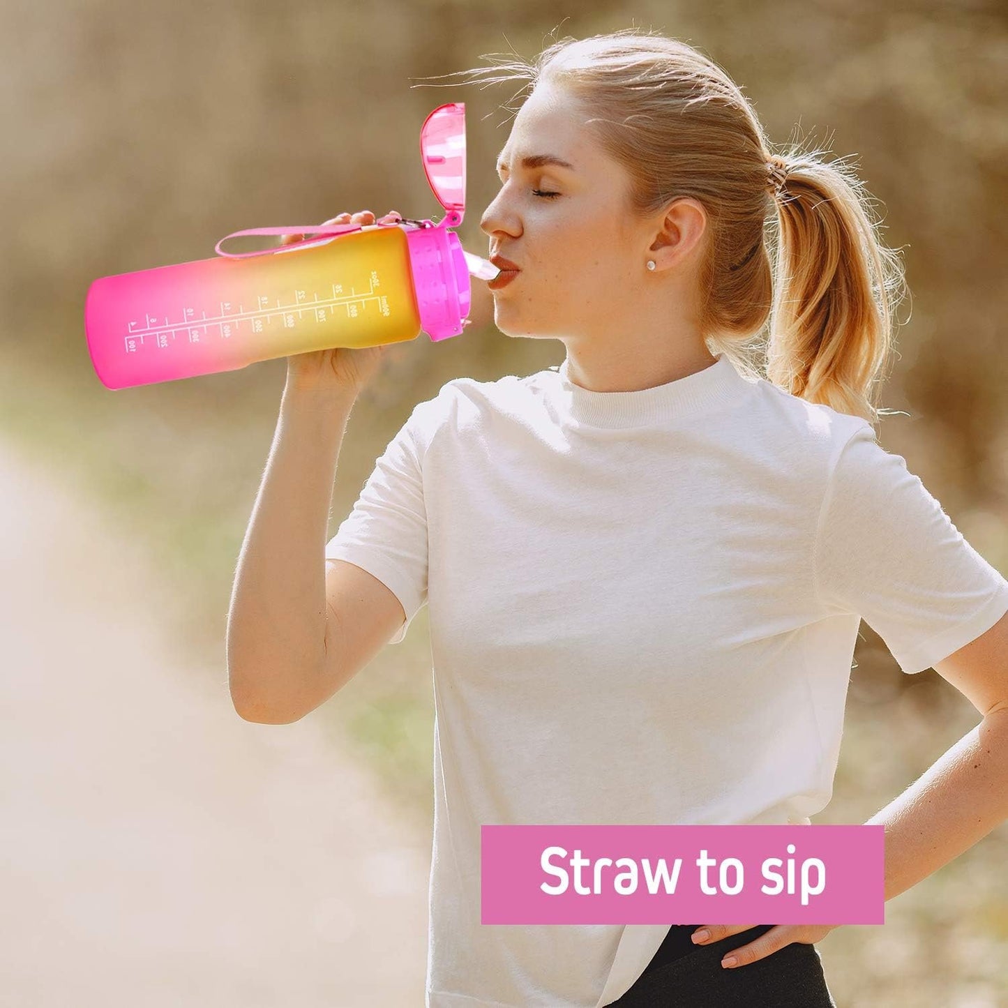 32oz Leakproof Water Bottle with Time Marker & Straw lid to Ensure You Drink Enough Water Throughout The Day for Fitness and Outdoor Enthusiasts, BPA Free, with Straw Brush (Yellow Pink)