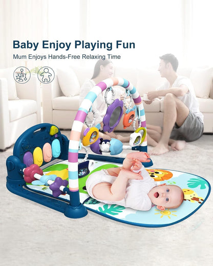 Veraste Baby Play Mat Baby Gym,Funny Play Piano Tummy Time Baby Activity Mat with 5 Infant Sensory Baby Toys, Music and Lights Boy & Girl Gifts for Newborn Baby 0 to 3 6 9 12 Months（New Blue）