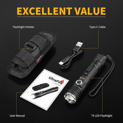 ULTRAFIRE Tactical Flashlight Torch with Holster, 1200 High Lumen Rechargeable LED Flashlight, Zoomable Small EDC Flashlight with Duty Belt Holder Pouch, 6 Modes Bright Flash Light, T4