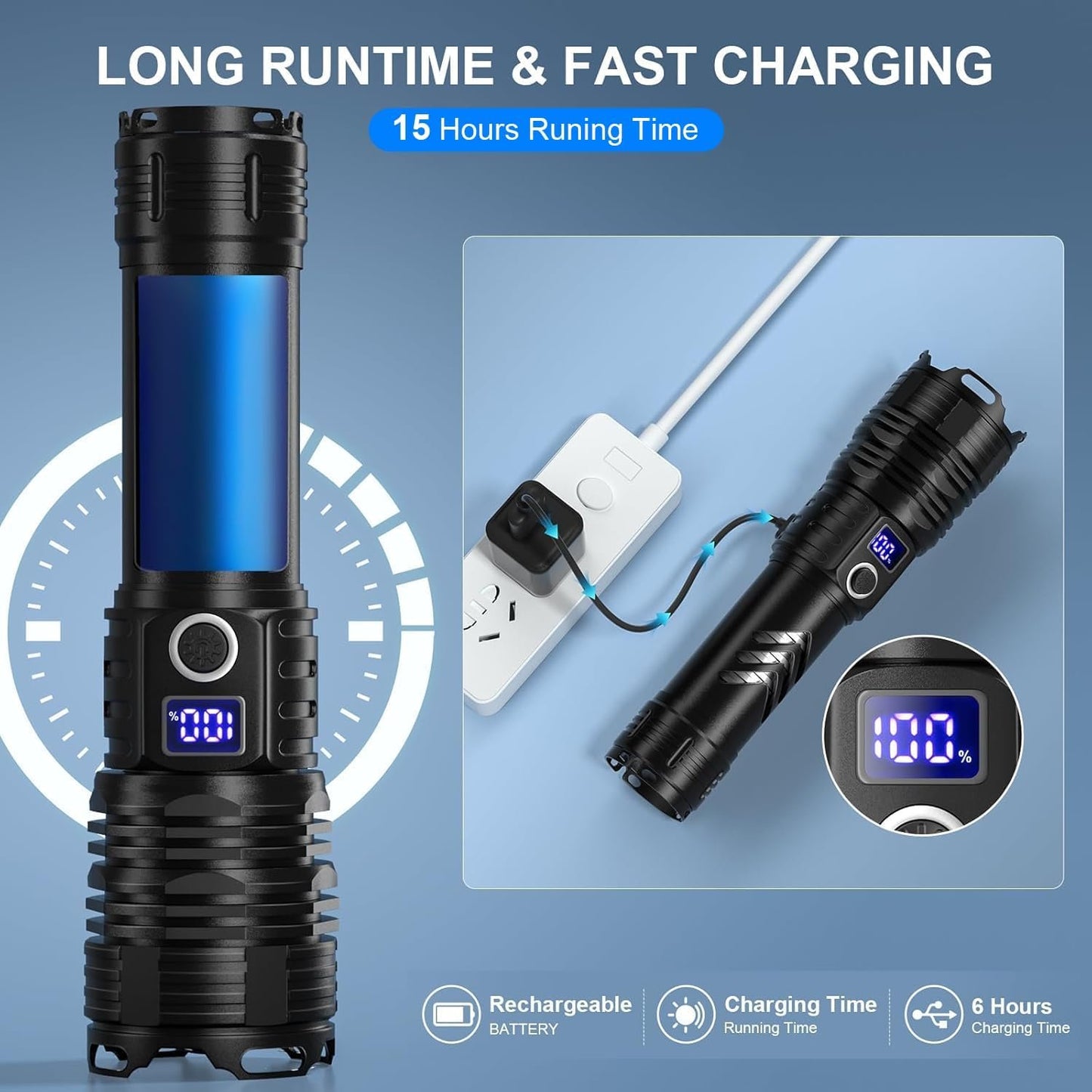 taoquwe Flashlights High Lumens LED Rechargeable, 990000 Lumen Super Bright Flashlight High Power USB Flash Light,Waterproof Handheld LED Flashlight for Camping Hiking