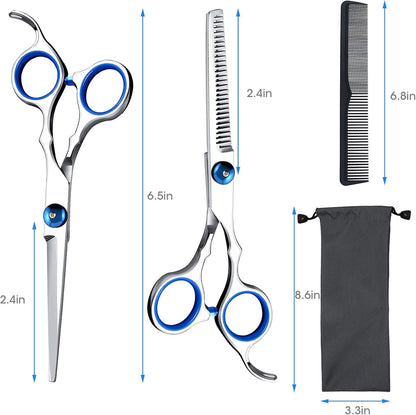 Hair Cutting Scissors Shears Set, ekuci Professional Home Haircutting Scissors Thinning Shears Kit with Free Comb and Storage Bag for Men Women Home Salon Barber Cut Kit (Silver)