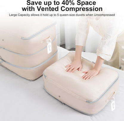 DIMJ Compression Storage Bags for Blankets - 2 Pack 110L to 66L Washable Vacuum Clothes Organizer with Clear Window Ultra Space Saver for Comforters, Closet, Bedding, Moving Containers - Beige