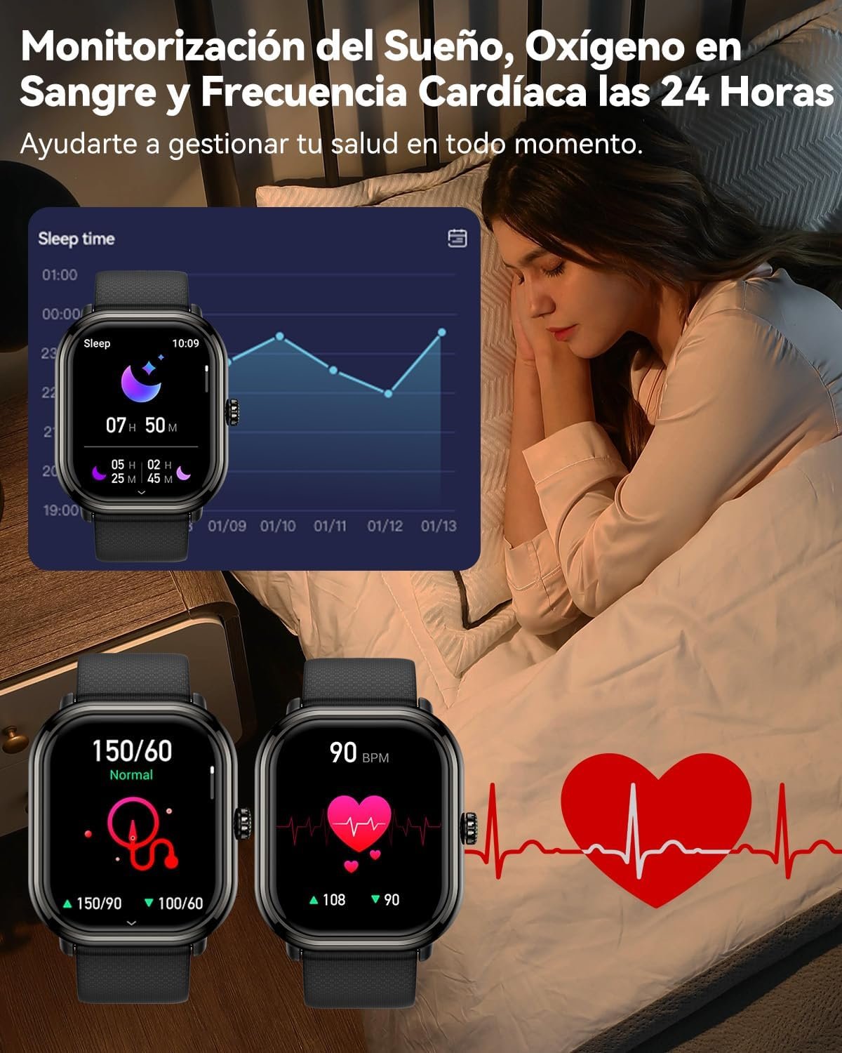 Musclez Smartwatch, Smart Watch for Women Men Kids, 1.96'' HD Touch Screen Pedometer, Calories, Heart Rate, Blood Pressure Monitor, IP68 Fitness Tracker (Black)
