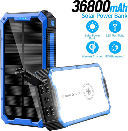 Solar Portable Power Bank 6 Mobile Phones at The Same Time 36800mA Solar Charger with LED Camping Lights High-Capacity External Battery Pack Wireless Portable Charger Outdoor Camping (Blue)