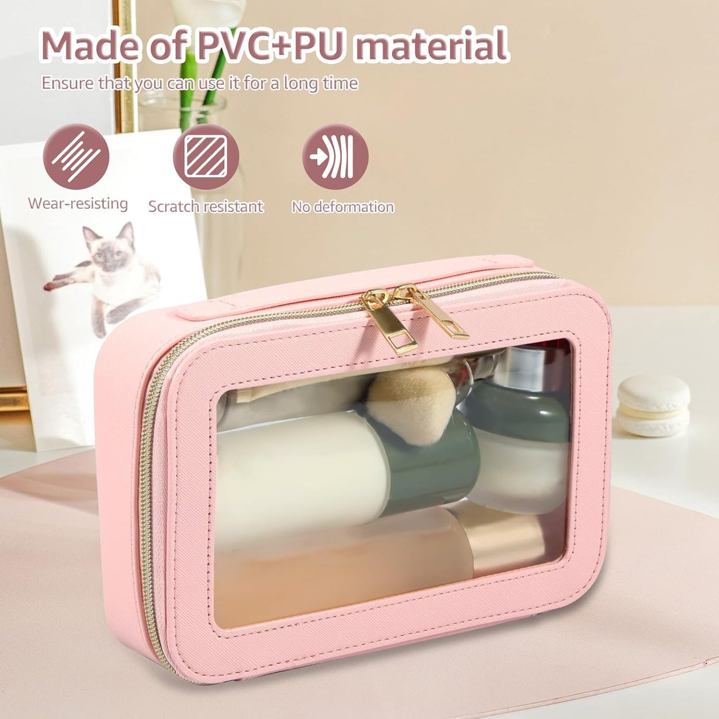 Clear Makeup Bags, Large Capacity Transparent Cosmetic Bags, Waterproof Toiletry Travel Bag, Stylish Makeup Pouch with Double Zippers for Travel Bathroom Men Women Vocation (Pink)