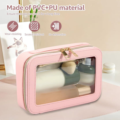 Clear Makeup Bags, Large Capacity Transparent Cosmetic Bags, Waterproof Toiletry Travel Bag, Stylish Makeup Pouch with Double Zippers for Travel Bathroom Men Women Vocation (Pink)