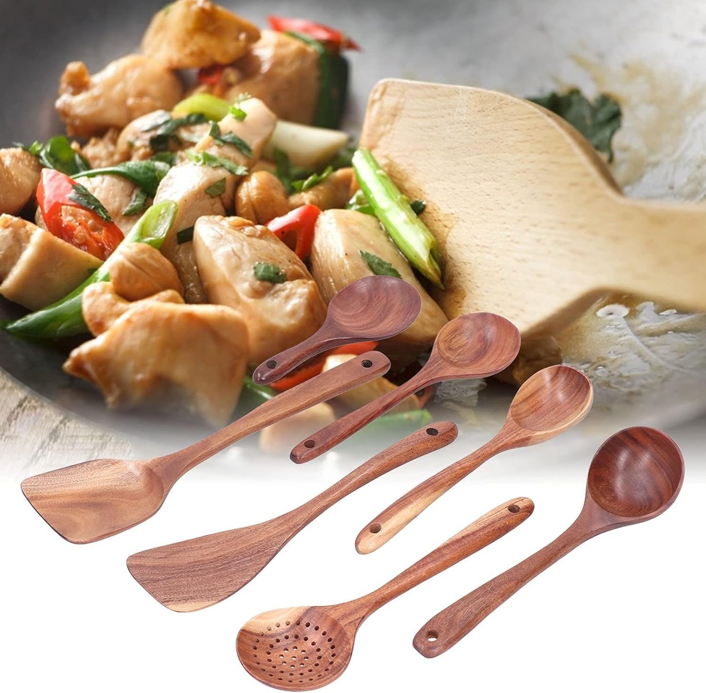 Yomiyuyr Wooden Spatula Spoon Set, Naturals Teak Wooden Cooking Utensils for Non Stick Pans, 7 Piece Set, eco friendlys Kitchen Tools with Hanging Hole