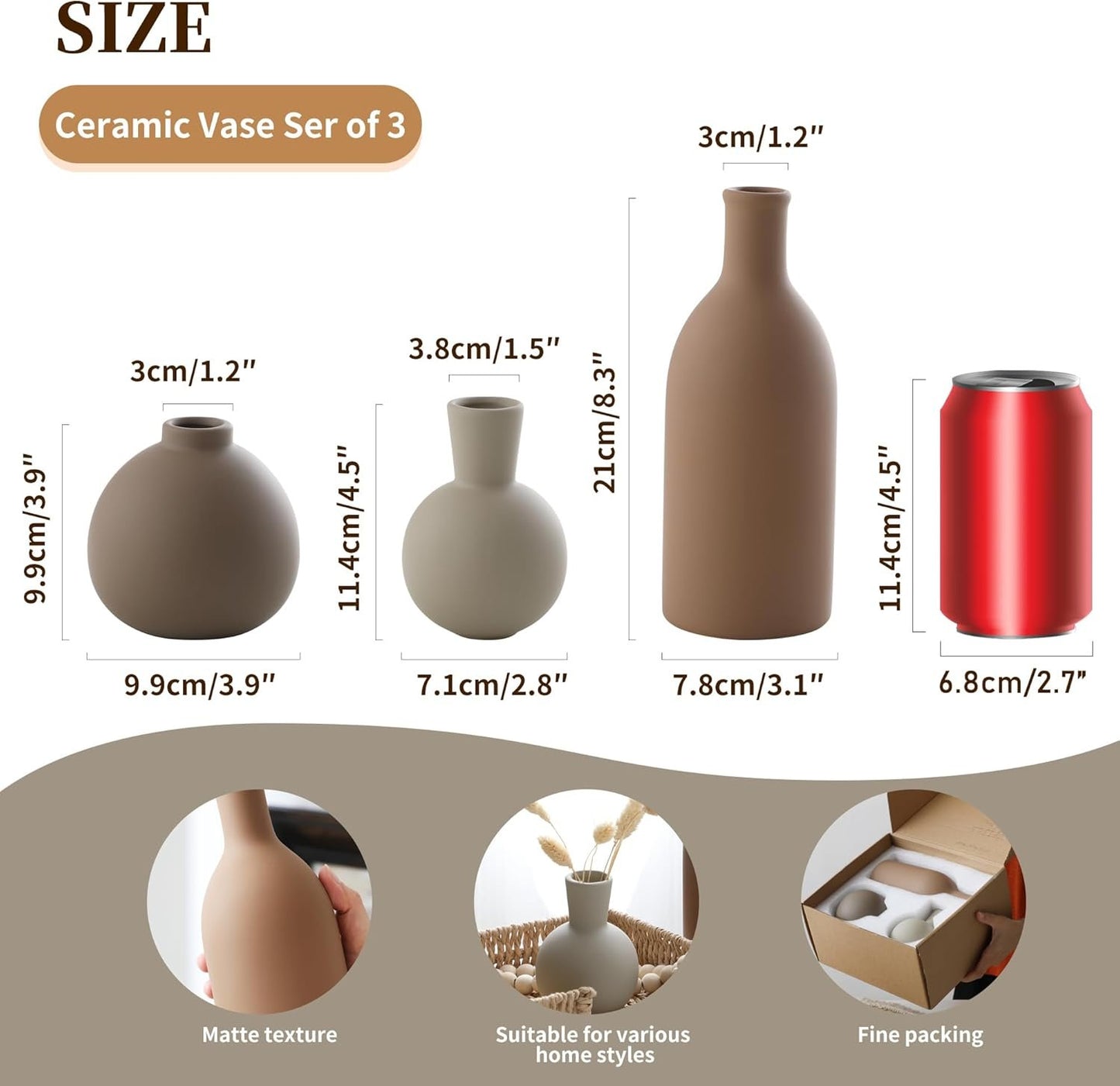 Ceramic Vase Set of 3, Vases Home Decor Rustic Vase Farmhouse Decor Vase Terra Cotta Pottery Vases for Bouquet Pampas Grass Dried Fresh Flowers, Living Room, Kitchen, Bedroom, Bathroom - Brown