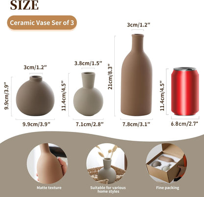 Ceramic Vase Set of 3, Vases Home Decor Rustic Vase Farmhouse Decor Vase Terra Cotta Pottery Vases for Bouquet Pampas Grass Dried Fresh Flowers, Living Room, Kitchen, Bedroom, Bathroom - Brown