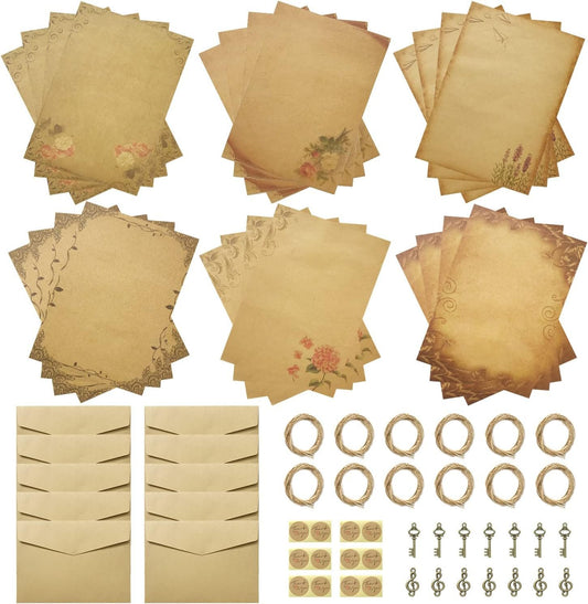 Mililanyo Vintage Paper and Envelopes Set - 24 Sheets Antique Looking Paper & 12 Antique Style Envelopes - Classic Aged Design, 6 Unique Styles - Writing and Printing Paper