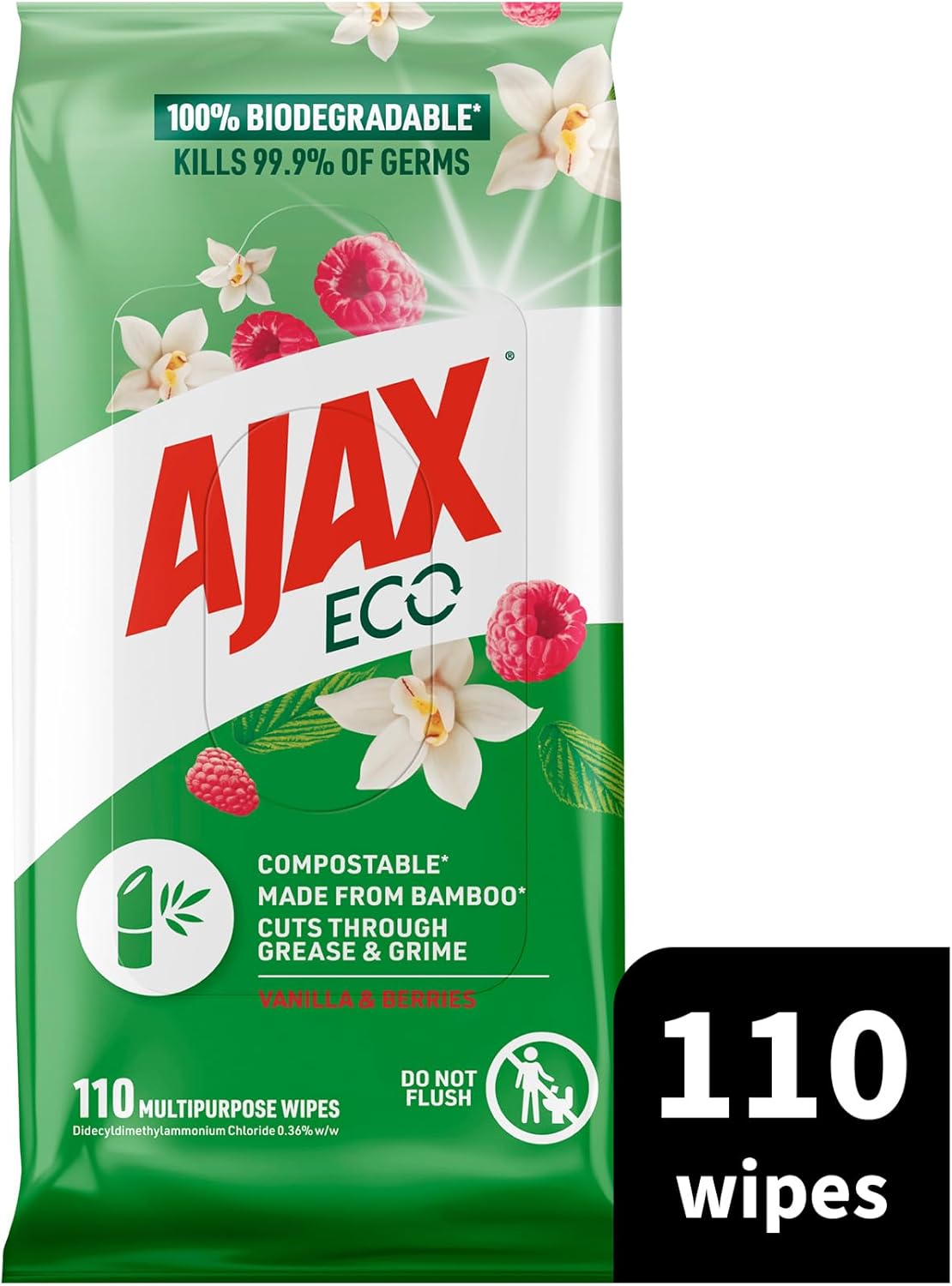 Ajax Eco Antibacterial Disinfectant Surface Cleaning Wipes, Bulk 110 Pack, Vanilla and Berries, Multipurpose, Biodegradable and Compostable, Made with Bamboo Fibres