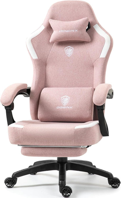 Dowinx Fabric Gaming Chair with Pocket Spring Cushion,Breathable Computer Chair with Massage Lumbar Support and Footrest,High Back Game Office Chair for Adult,Pink