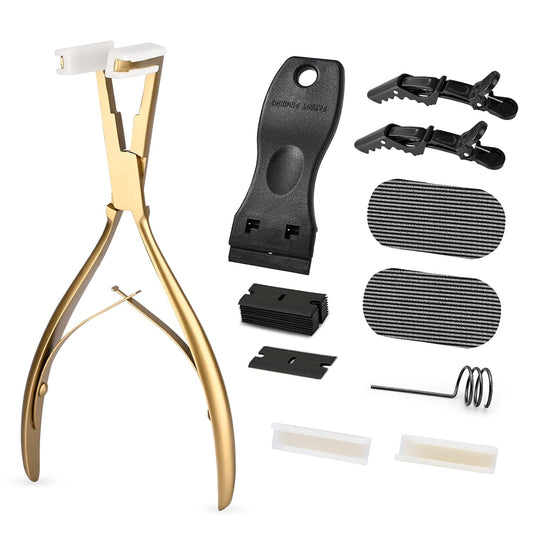 Gomake Tape in Hair Extension Tools Kit with Flat Surface Stainless Steel Tape in Hair Extensions Sealing Clamp Plier,Tape Remover Scraper Tool,Hair Clips, Human Hair Extensions Styling Tools-Gold